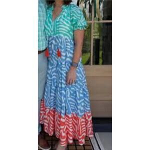 Briton Court Womens Blue Green Zebra Print Puff Sleeve Boho Tiered Maxi Dress XS